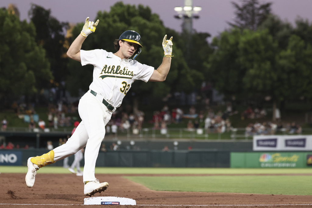 Athletics' Colby Thomas rounds the bases after hitting a three-run home run during the third inning of a baseball game against the Los Angeles Angels Friday, Aug. 15, 2025, in West Sacramento, Calif. (AP Photo/Sara Nevis)