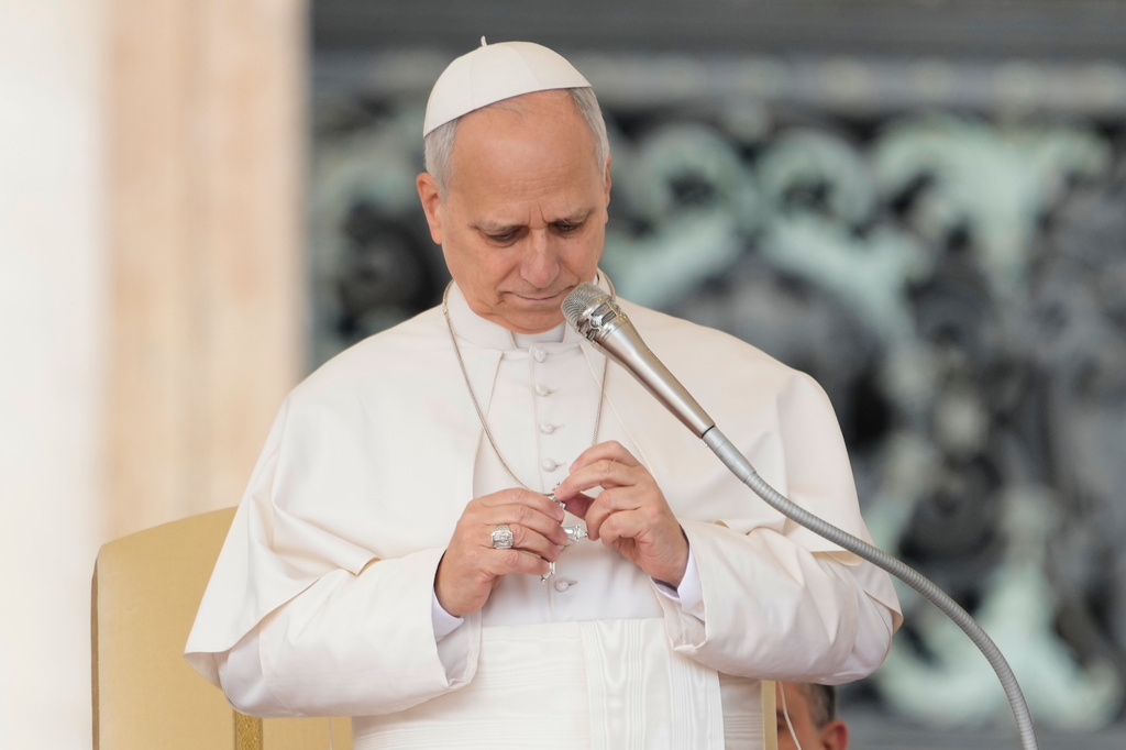 FILE - Pope Leo XIV holds his weekly general audience in St. Peter's Square at The Vatican, Wednesday, March 11, 2026. (AP Photo/Gregorio Borgia, File)