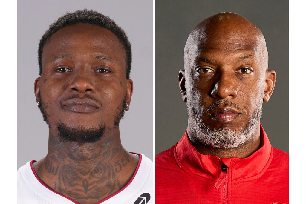 FILE - This photo combo shows from left, Miami Heat guard Terry Rozier and Portland Trail Blazers head coach Chauncey Billups. (AP Photo/File)
