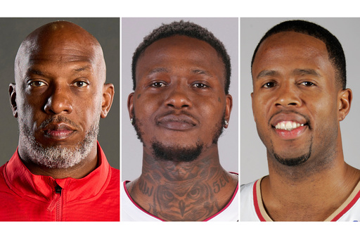FILE - This combo of images shows, from left, Portland Trail Blazers head coach Chauncey Billups, Miami Heat guard Terry Rozier and former Cleveland Cavaliers' Damon Jones. (AP Photo/File) FILE - This combo of images shows, from left, Portland Trail Blazers head coach Chauncey Billups, Miami Heat guard Terry Rozier and former Cleveland Cavaliers' Damon Jones. (AP Photo/File)