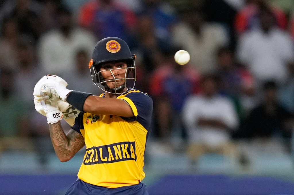 Sri Lanka's Pathum Nissanka plays a shot during the Asia Cup cricket match between India and Sri Lanka at Dubai International Cricket Stadium, United Arab Emirates, Friday, Sept. 26, 2025. (AP Photo/Altaf Qadri)