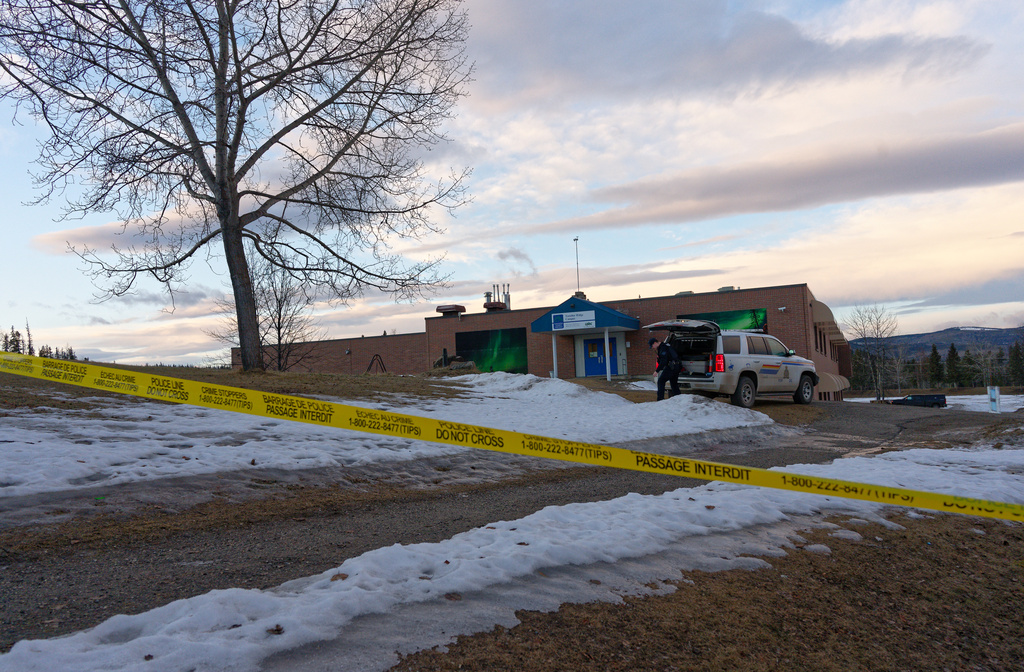 Police began putting tape out near the Tumbler Ridge Secondary School and surrounding buildings in Tumbler Ridge, B.C. on Wednesday, Feb. 11, 2026.(Jesse Boily /The Canadian Press via AP)