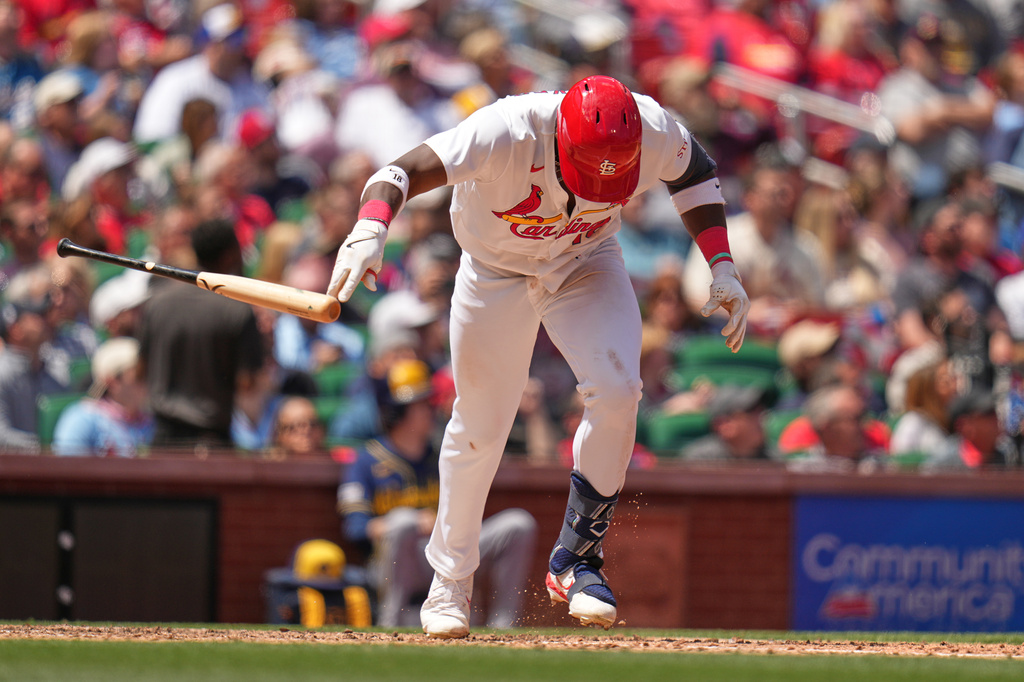 St. Louis Cardinals' Jordan Walker throws down his bat after flying out to end the sixth inning of a baseball game against Milwaukee Brewers Wednesday, May 6, 2026, in St. Louis. (AP Photo/Jeff Roberson)