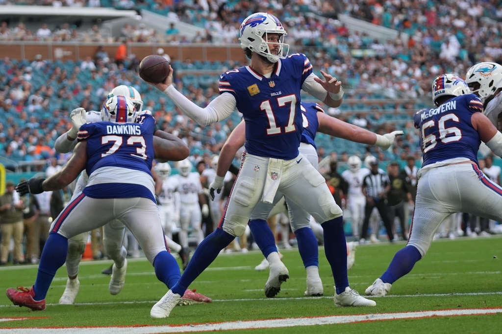 Buffalo Bills quarterback Josh Allen (17) throws during the second half of an NFL football game against the Miami Dolphins, Sunday, Nov. 9, 2025, in Miami Gardens, Fla. (AP Photo/Lynne Sladky)