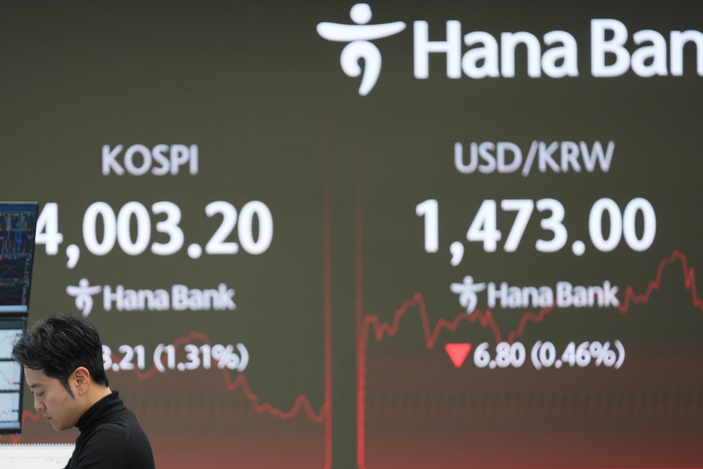 A dealer works near the screens showing the Korea Composite Stock Price Index (KOSPI), left, and the foreign exchange rate between U.S. dollar and South Korean won at a dealing room of Hana Bank in Seoul, South Korea, Thursday, Dec. 18, 2025. (AP Photo/Lee Jin-man)