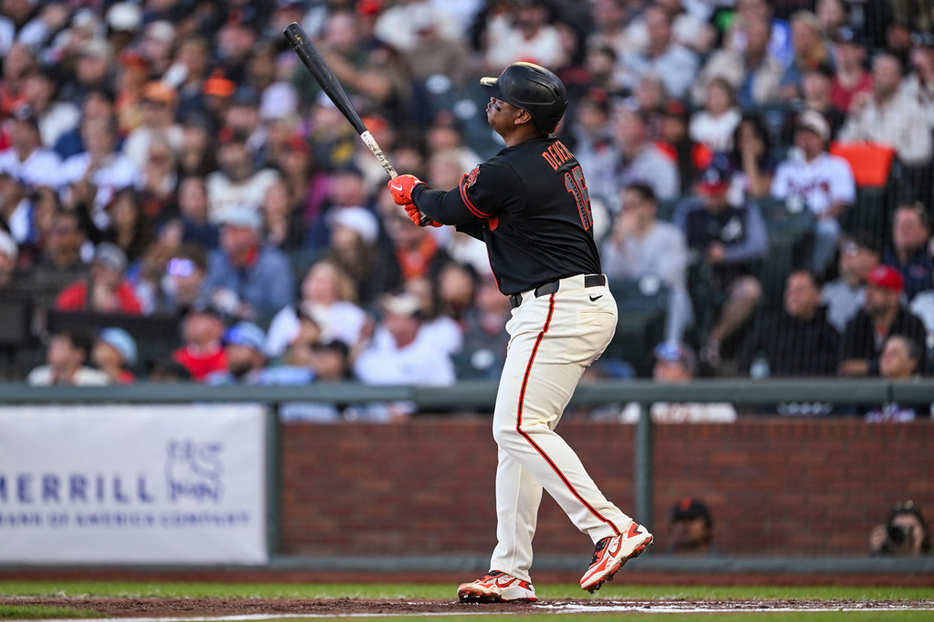 San Francisco Giants' Rafael Devers (16) hits a three-run home run for his second of the night during the third inning of a baseball game Atlanta Braves, Saturday, June 27, 2026, in San Francisco (AP Photo/Justine Willard)