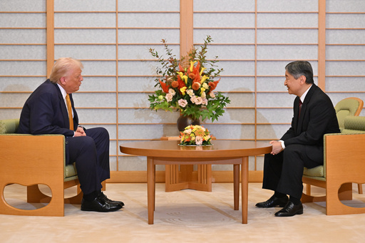 President Donald Trump, left, and Japan's Emperor Naruhito talk during their meeting at the Imperial Palace in Tokyo, Oct. 27, 2025. (Kazuhiro Nogi/Pool Photo via AP) President Donald Trump, left, and Japan's Emperor Naruhito talk during their meeting at the Imperial Palace in Tokyo, Oct. 27, 2025. (Kazuhiro Nogi/Pool Photo via AP)