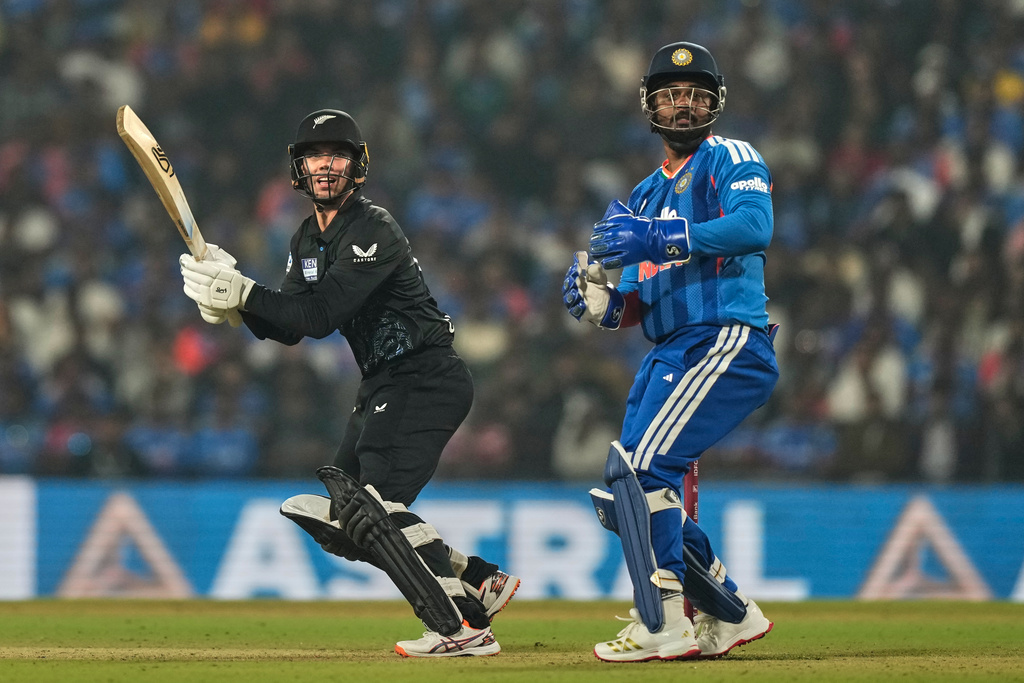 New Zealand's Mark Chapman bats during the first T20 cricket match between India and New Zealand in Nagpur, India, Wednesday, Jan. 21, 2026. (AP Photo/Mahesh Kumar A.)