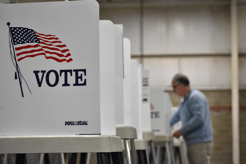 FILE - A voting booth is seen at Yellowstone County's MetraPark on June 2, 2026, in Billings, Montana. (AP Photo/Matthew Brown, File)