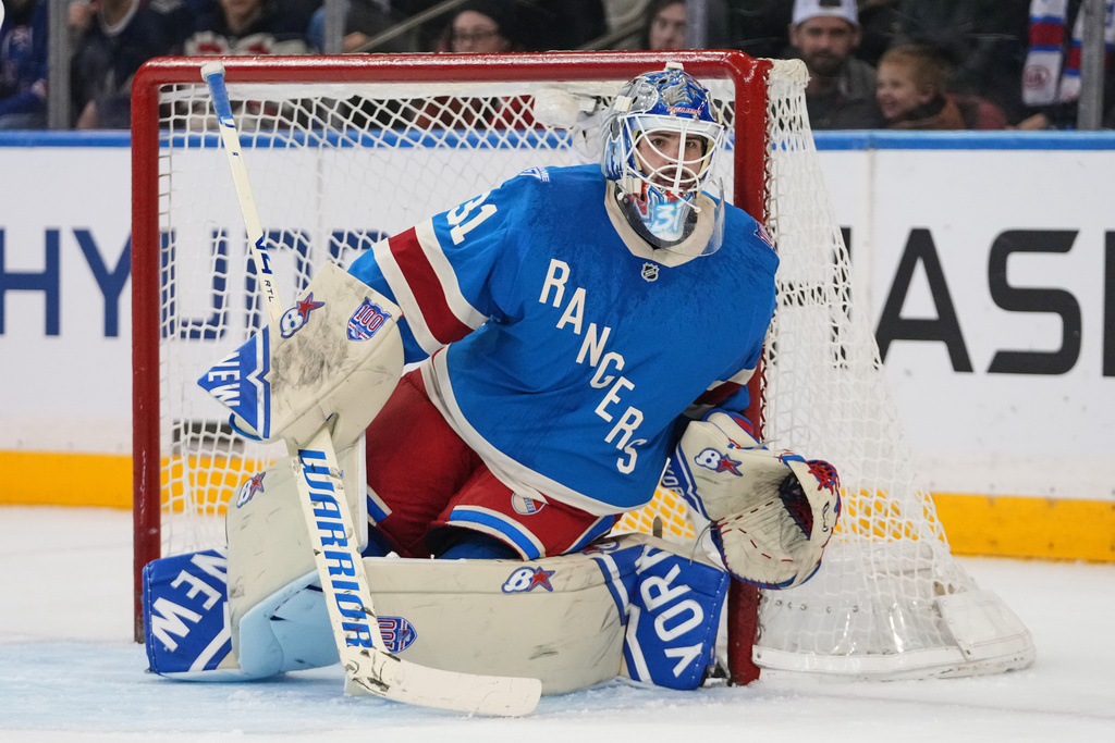 New York Rangers goaltender Igor Shesterkin during the second period of an NHL hockey game against the Toronto Maple Leafs Thursday, March 5, 2026, in New York. (AP Photo/Frank Franklin II)