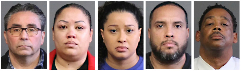 FILE - This combo of photos provided by the Connecticut State Police, shows, from left, New Haven, Conn., police officers Oscar Diaz, Betsy Segui, Jocelyn Lavandier, Luis Rivera and Ronald Pressley. (Connecticut State Police via AP, File)