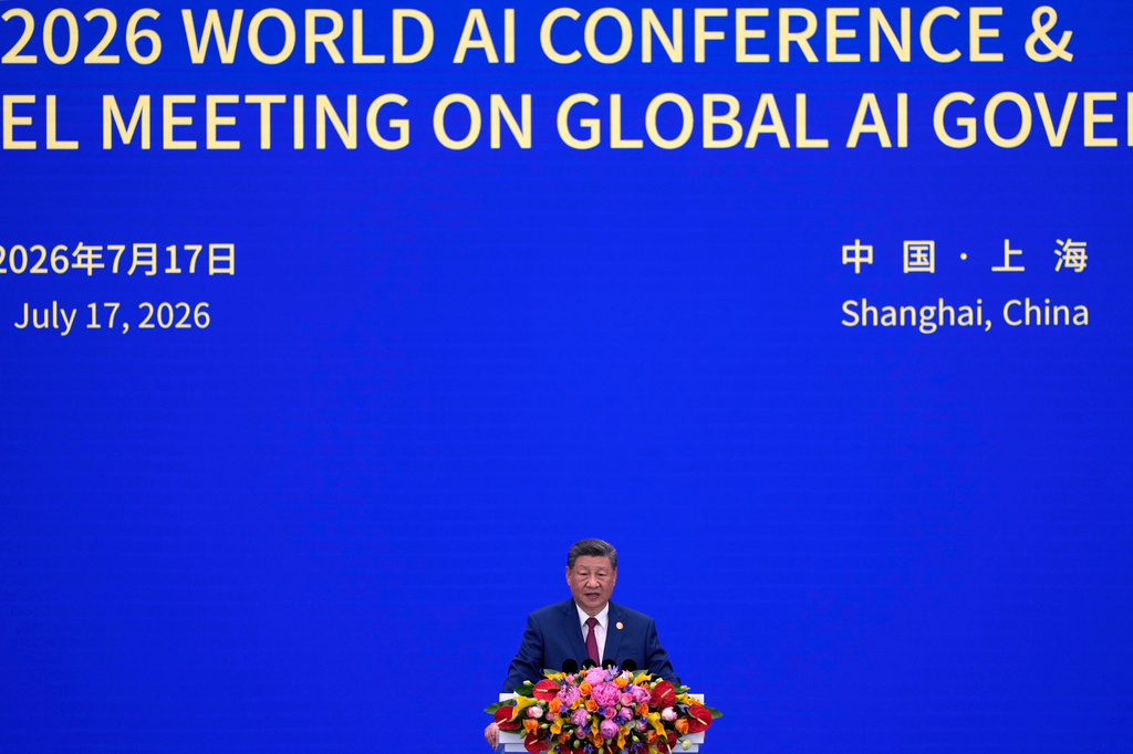 Chinese President Xi Jinping speaks at the opening ceremony for the World AI Conference in Shanghai, Friday, July 17, 2026. (AP Photo/Ng Han Guan, Pool)