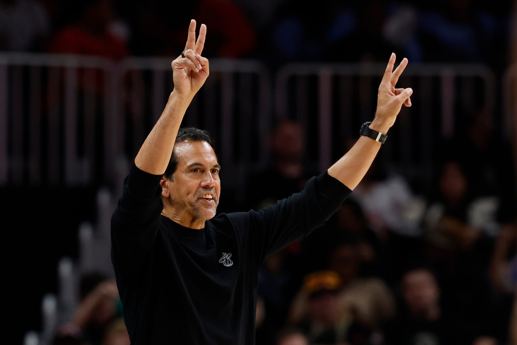 Miami Heat head coach Erik Spoelstra reacts during the second half of a preseason NBA basketball game against the Atlanta Hawks, Monday, Oct. 13, 2025, in Atlanta. (AP Photo/Butch Dill)