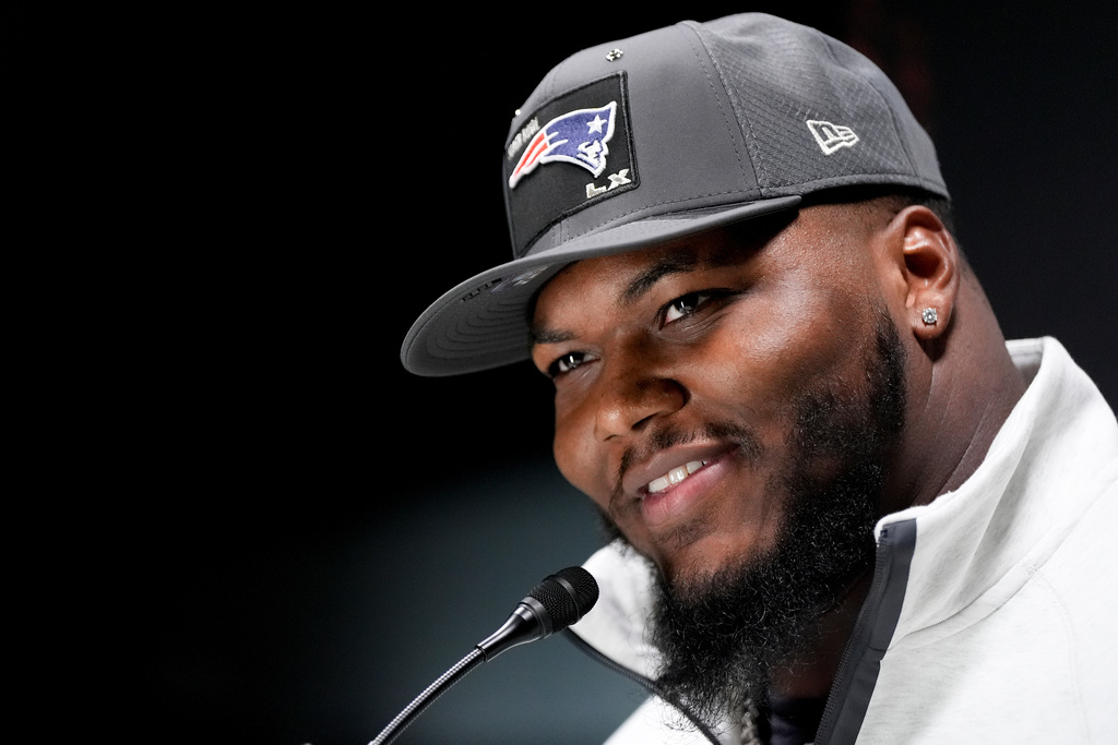 New England Patriots defensive end Milton Williams speaks during the NFL Super Bowl Opening Night, Monday, Feb. 2, 2026, in San Jose, Calif. ahead of the Super Bowl 60 football game between the New England Patriots and the Seattle Seahawks. (AP Photo/Brynn Anderson)