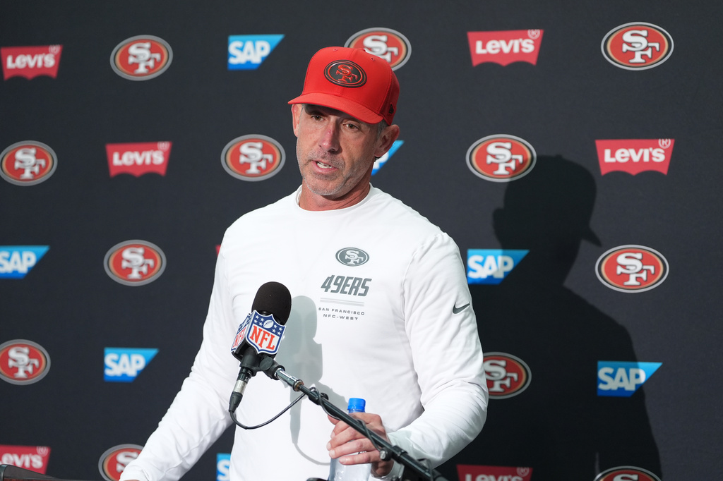 San Francisco 49ers head coach Kyle Shanahan speaks to reporters following an NFL football game against the Seattle Seahawks, Sunday, Oct. 11, 2026, in Seattle. (AP Photo/Lindsey Wasson)