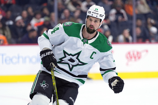 FILE - Dallas Stars' Jamie Benn skates during an NHL hockey game, Thursday, Jan. 9, 2025, in Philadelphia. (AP Photo/Matt Slocum, File) FILE - Dallas Stars' Jamie Benn skates during an NHL hockey game, Thursday, Jan. 9, 2025, in Philadelphia. (AP Photo/Matt Slocum, File)