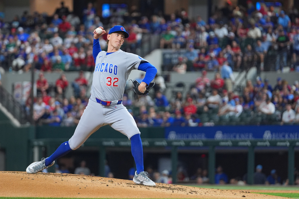 Chicago Cubs starting pitcher Ben Brown throws to the Texas Rangers during the first inning of a baseball game Friday, May 8, 2026, in Arlington, Texas. (AP Photo/Julio Cortez)