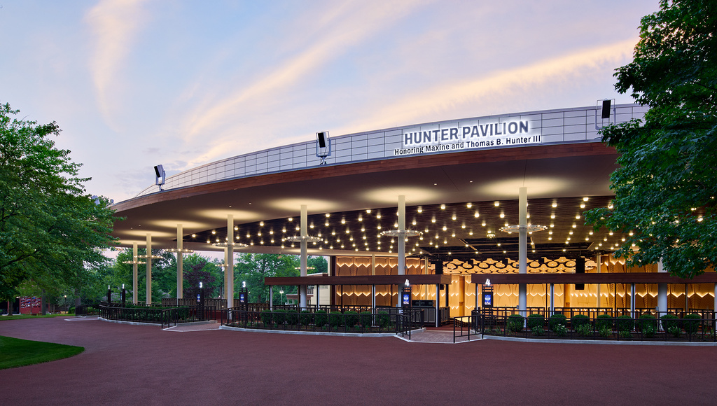 This image released by Ravinia shows the exterior of the renovated Hunter Pavilion in Highland Park, Ill., on July 1, 2026. (Dave Burk/Ravinia via AP)
