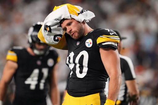 Pittsburgh Steelers outside linebacker T.J. Watt (90) wipes his head on the sidelines during the second half of an NFL football game against the Cincinnati Bengals in Cincinnati Thursday, Oct. 16, 2025. (AP Photo/Jeff Dean) Pittsburgh Steelers outside linebacker T.J. Watt (90) wipes his head on the sidelines during the second half of an NFL football game against the Cincinnati Bengals in Cincinnati Thursday, Oct. 16, 2025. (AP Photo/Jeff Dean)