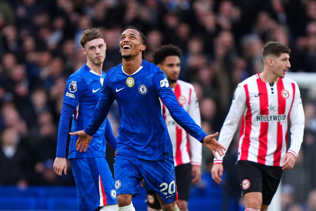 Chelsea's Joao Pedro celebrates scoring during the English Premier League soccer match between Chelsea and Brentford in London, Saturday Jan. 17, 2026. (Bradley Collyer/PA via AP)