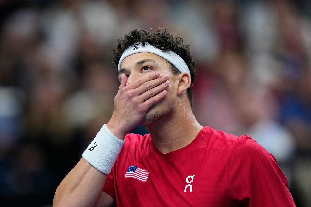 United States' Ben Shelton reacts after failing to return a ball a ball to Czechia's Jiri Lehecka during the Davis Cup second round qualifier match between the Czech Republic and the United States, in Prague, Friday, Sept. 18, 2026. (AP Photo/Petr David Josek)