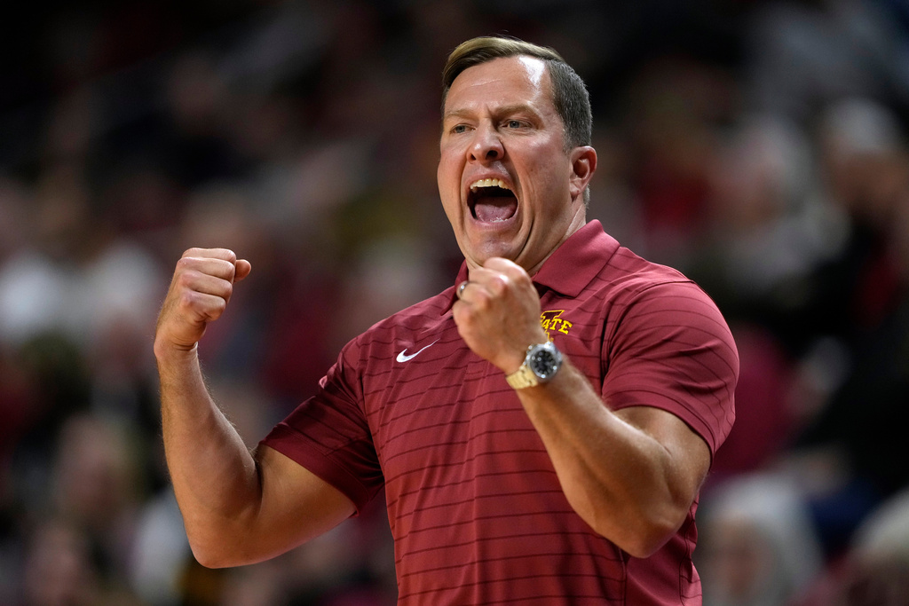 Iowa State head coach T.J. Otzelberger directs his team during the first half of an NCAA college basketball game against Fairleigh Dickinson, Monday, Nov. 3, 2025, in Ames, Iowa. (AP Photo/Charlie Neibergall)