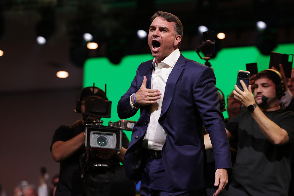 Brazilian Sen. Flavio Bolsonaro, the son of former President Jair Bolsonaro, arrives to the Liberal Party convention where he was confirmed as the party's presidential candidate, in Sao Paulo, Saturday, July 25, 2026. (AP Photo/Ettore Chiereguini)