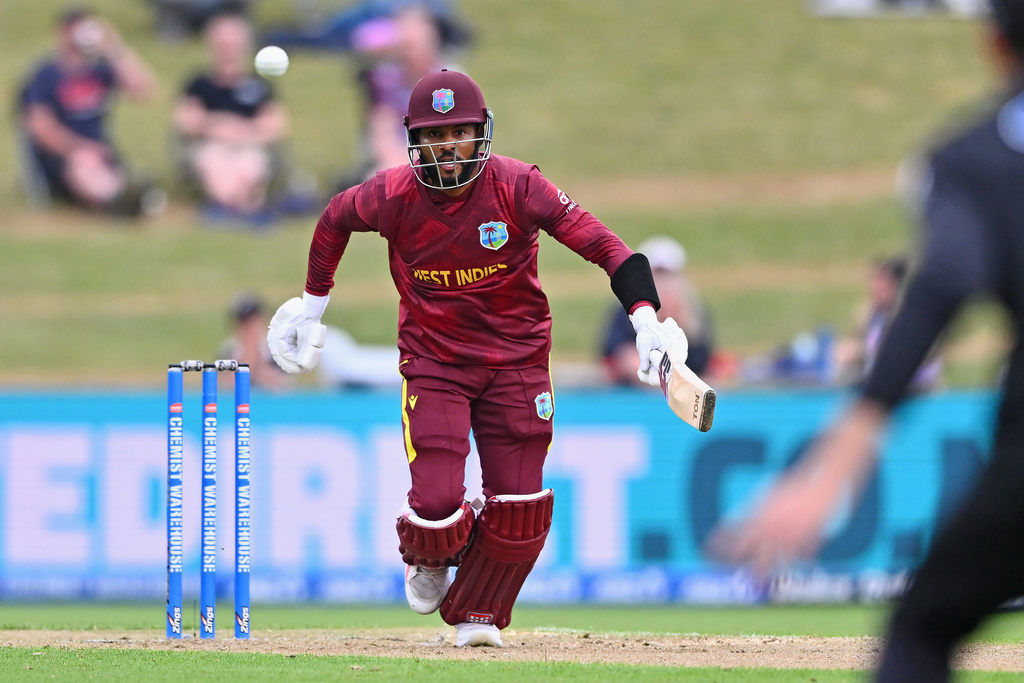 West Indies' Shai Hope bats against New Zealand during their One Day International cricket match in Napier, New Zealand, Wednesday Nov. 19, 2025. (Kerry Marshall/Photosport via AP)