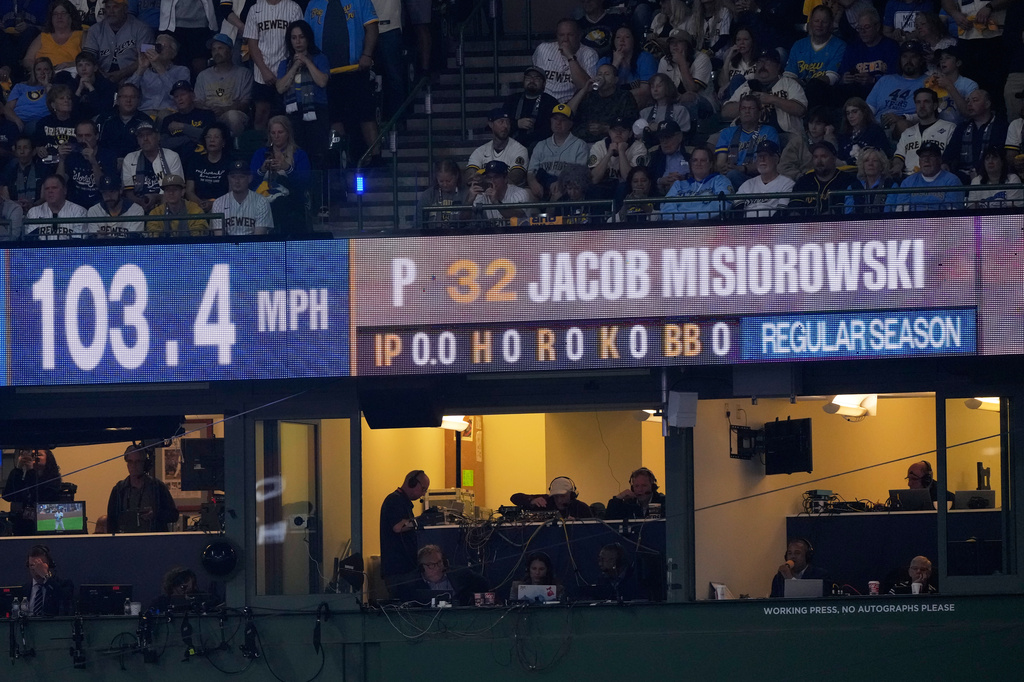 Milwaukee Brewers pitcher Jacob Misiorowski pitch speed is seen during the first inning of Game 1 of baseball's World Series, Friday, Oct. 23, 2026, in Milwaukee, between the Milwaukee Brewers and the Tampa Bay Rays. (AP Photo/David J. Phillip)