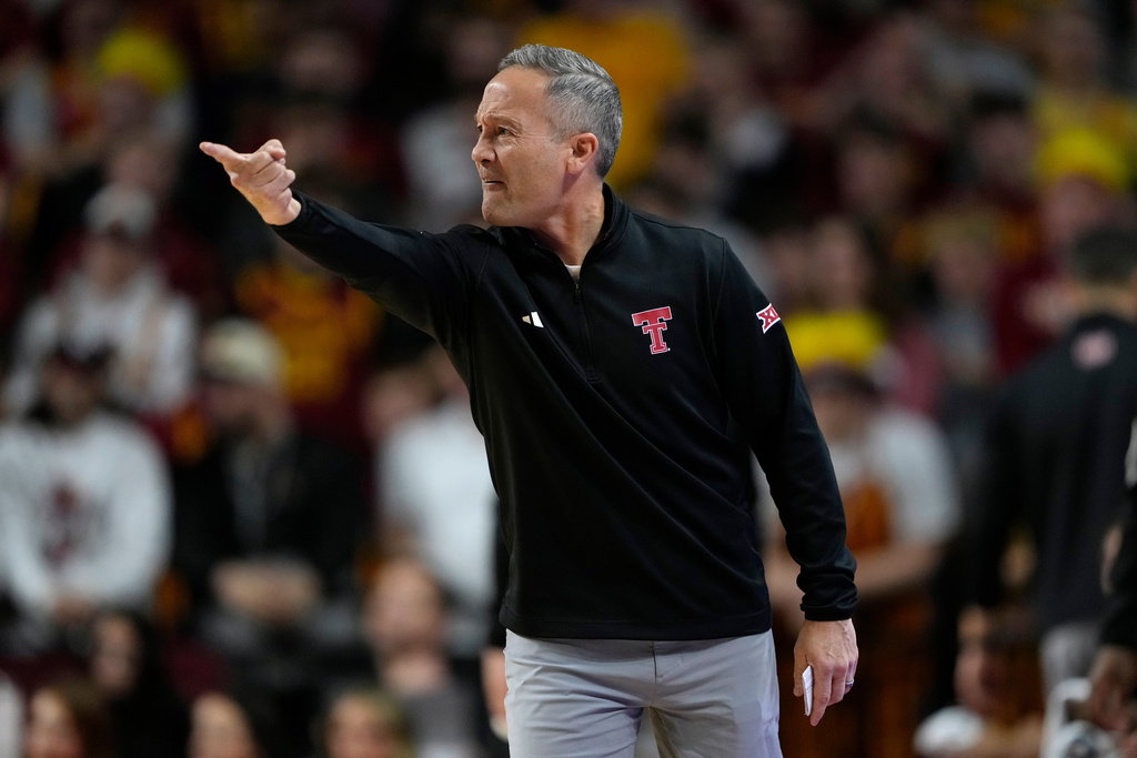 Texas Tech head coach Grant McCasland reacts to a call during the first half of an NCAA college basketball game against Iowa State, Saturday, Feb. 28, 2026, in Ames, Iowa. (AP Photo/Charlie Neibergall)
