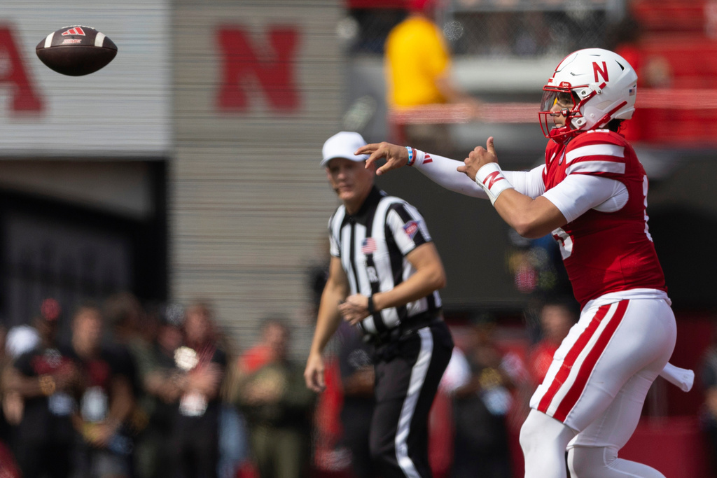 Nebraska quarterback Dylan Raiola (15) passes the ball against Michigan during the first half of an NCAA college football game Saturday, Sept. 20, 2025, in Lincoln, Neb. (AP Photo/Rebecca S. Gratz)