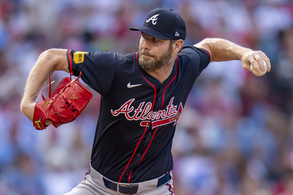 Atlanta Braves starting pitcher Chris Sale delivers during the first inning of a baseball game against the Philadelphia Phillies, Saturday, Aug. 30, 2025, in Philadelphia. (AP Photo/Chris Szagola)