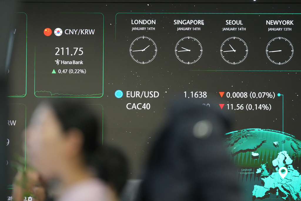 A dealer watches computer monitors near the screens showing the foreign exchange rates at a dealing room of Hana Bank in Seoul, South Korea, Wednesday, Jan. 14, 2026. (AP Photo/Lee Jin-man)