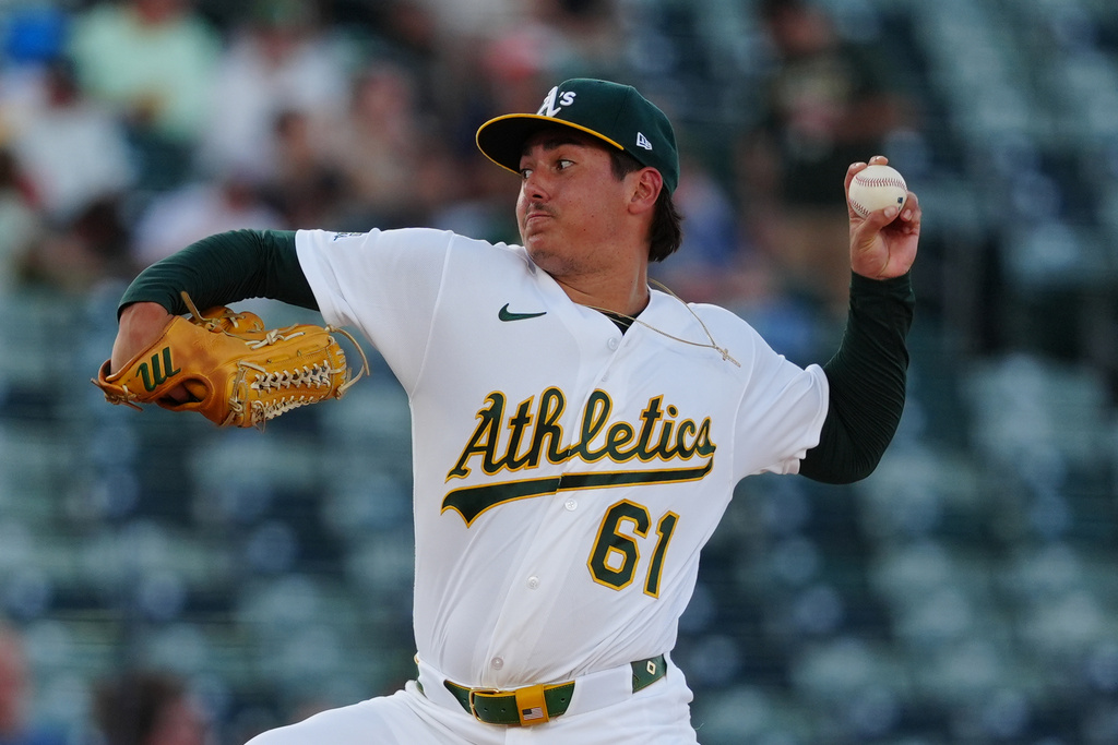 Athletics pitcher Gage Jump (61) throws during the first inning of a baseball game against the Minnesota Twins, Tuesday, Aug. 25, 2026, in West Sacramento, Calif. (AP Photo/Alan Greth)