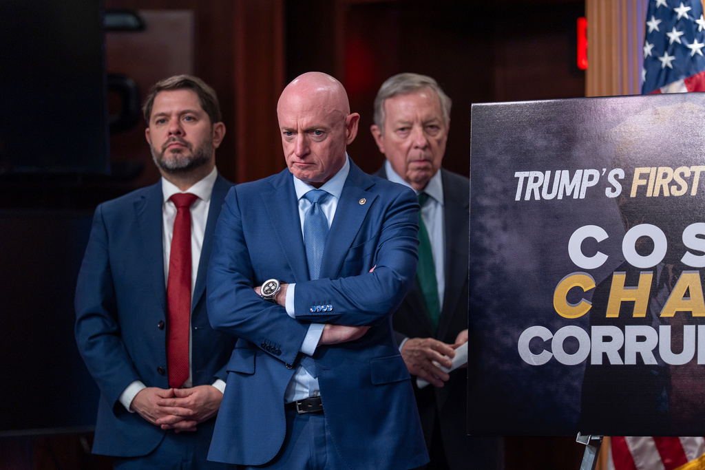 From left, Sen. Ruben Gallego D-Ariz., Sen. Mark Kelly, D-Ariz., and Senate Minority Whip Dick Durbin, D-Ill., join Senate Minority Leader Chuck Schumer, D-N.Y., for a news conference as they criticize President Donald Trump's policies and agenda ahead of his State of the Union speech, at the Capitol in Washington, Tuesday, Feb. 24, 2026. (AP Photo/J. Scott Applewhite)