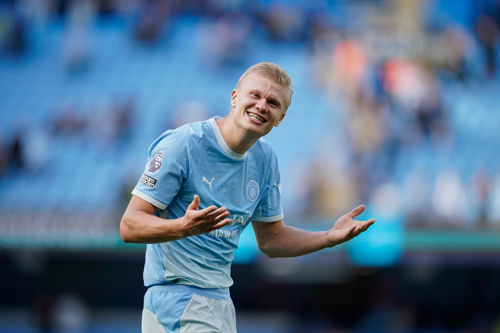 Manchester City's Erling Haaland walks off the pitch after the English Premier League soccer match between Manchester City and Sunderland in Manchester, England, Sunday, Sept. 20, 2026. (AP Photo/Dave Thompson)