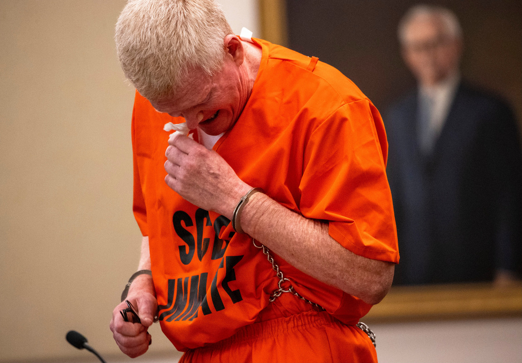 FILE - Alex Murdaugh cries as he addresses the court during his sentencing for stealing from 18 clients, Tuesday, Nov. 28, 2023, at the Beaufort County Courthouse in Beaufort, S.C. (Andrew J. Whitaker/The Post And Courier via AP, Pool, File)