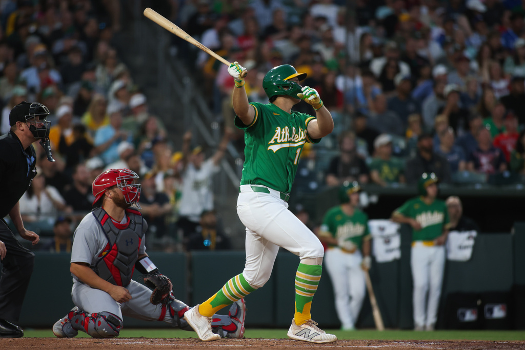 Athletics' Nick Kurtz hits a grand slam during the fifth inning of a baseball game against the St. Louis Cardinals Wednesday, May 13, 2026, in West Sacramento, Calif. (AP Photo/Scott Marshall)