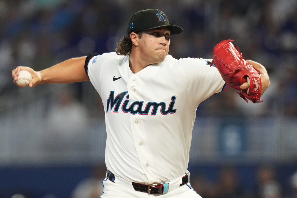 Miami Marlins starting pitcher Tyler Phillips throws during the first inning of a baseball game against the Los Angeles Dodgers, Saturday, Sept. 12, 2026, in Miami. (AP Photo/Lynne Sladky)