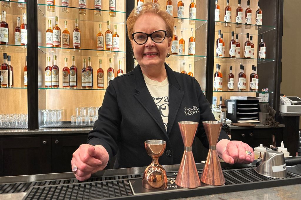 Judy Hollis Jones, CEO of Buzzard's Roost, stands for a portrait in the bourbon company's bar area in Louisville, Ky., Thursday, April 2, 2026. (AP Photo/Dylan Lovan)