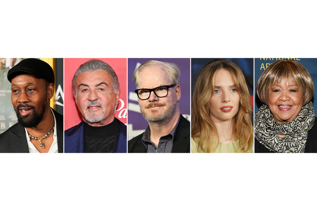 This combination of images shows, from left, RZA, Sylvester Stallone, Jim Gaffigan, Maya Hawke and Mavis Staples. (AP Photo)