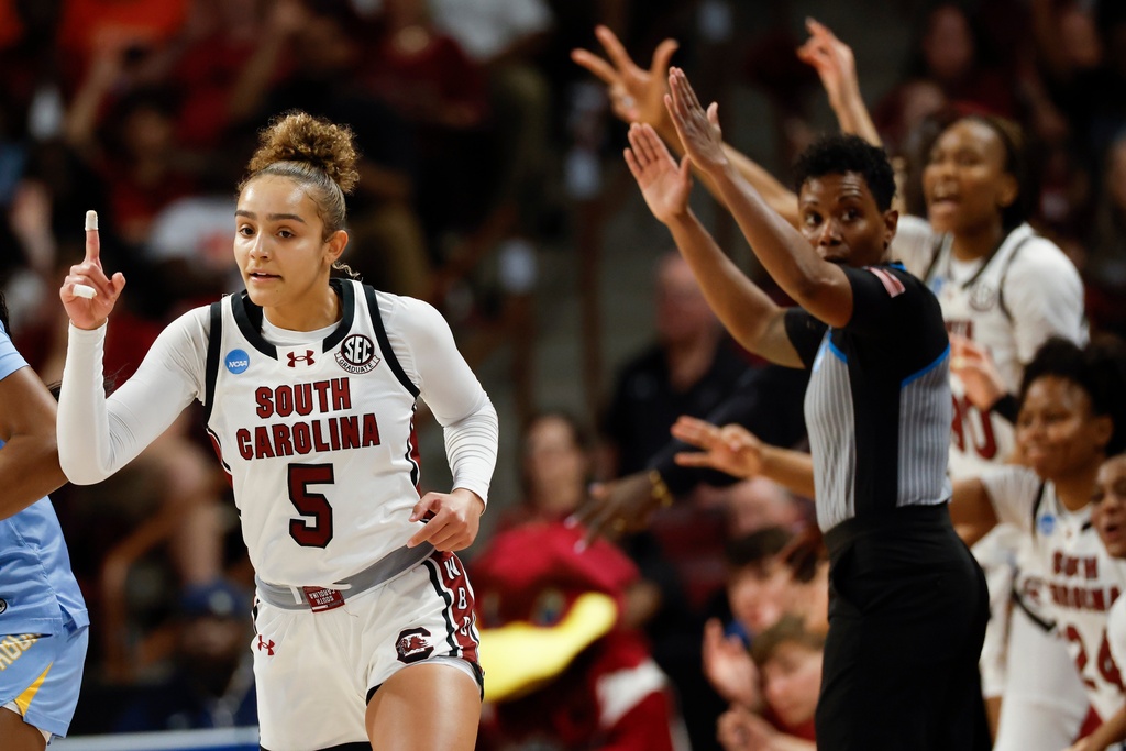 South Carolina guard Tessa Johnson (5) reacts after making a 3-pointer against Southern during the second half of the first round of the NCAA college basketball tournament, Saturday, March 21, 2026, in Columbia, S.C. (AP Photo/Nell Redmond)