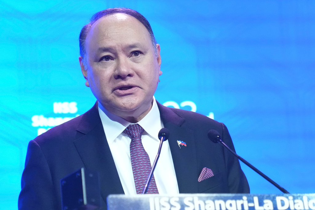 Philippine's Defense Secretary Gilberto Teodoro delivers his address during the Shangri-La Dialogue, Asia's annual defense and security forum, in Singapore, Sunday, May 31, 2026. (AP Photo/Achmad Ibrahim)