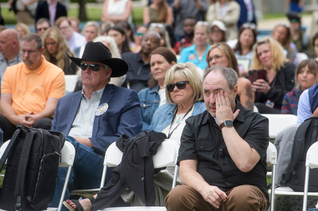 Aaron Neville, father of 14-year-old Alexander Neville, who died from fentanyl poisoning after being deceived by a drug dealer operating on Snapchat, wipes tears from his eyes during a Social Media Victims Remembrance Day memorial on Capitol Hill, Tuesday, June 23, 2026, in Washington. (AP Photo/Rod Lamkey, Jr.)