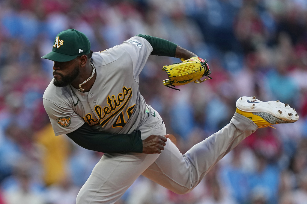 Athletics' Luis Severino pitches during the second inning of a baseball game against the Philadelphia Phillies, Tuesday, May 5, 2026, in Philadelphia. (AP Photo/Matt Rourke)