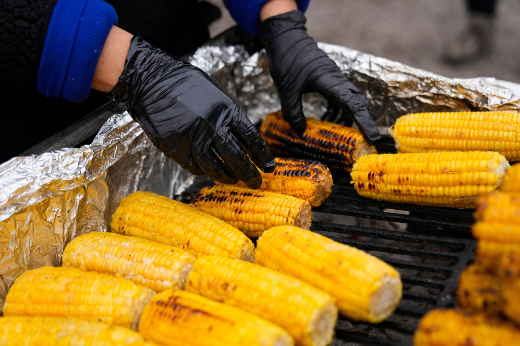 Ofelia Herrera, originally from Mexico, grills corn at her family's street food stand in Little Village, Nov. 8, 2025, in Chicago. (AP Photo/Erin Hooley)