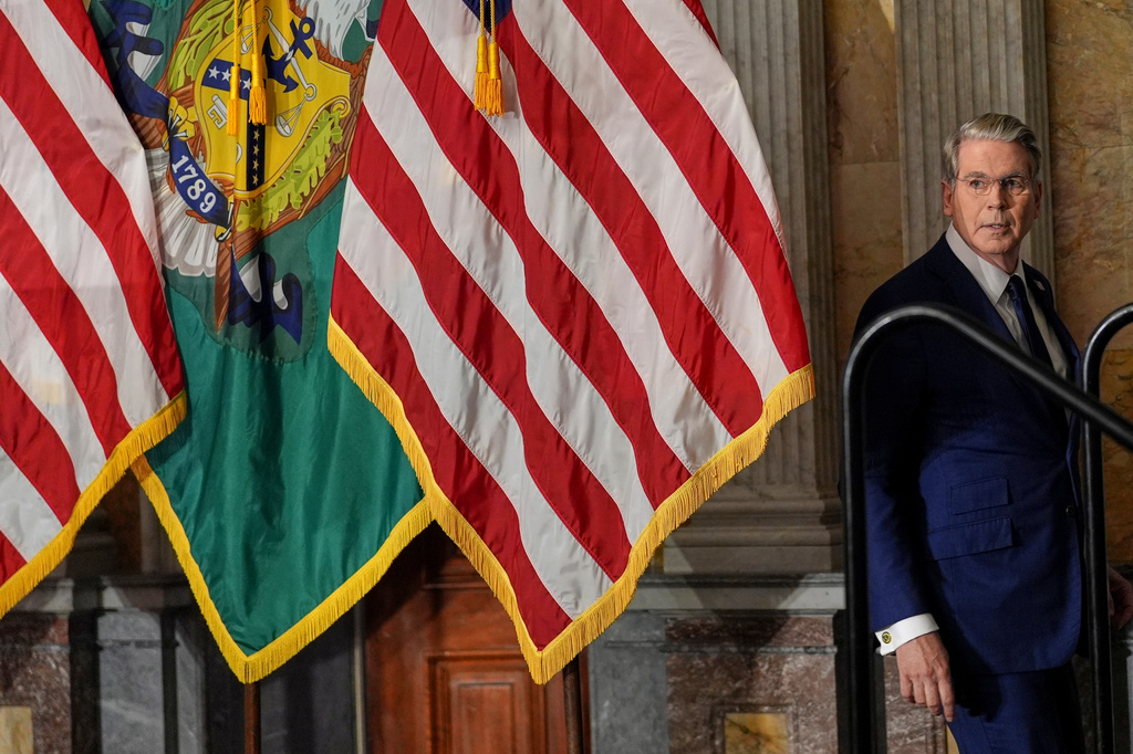 Treasury Secretary Scott Bessent arrives to speak at a news conference, Monday, Aug. 24, 2026, at the Treasury Department in Washington. (AP Photo/Julia Demaree Nikhinson)