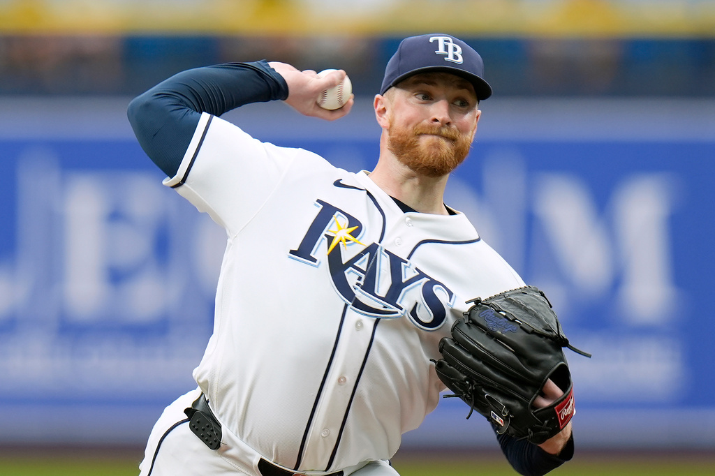 Tampa Bay Rays pitcher Drew Rasmussen delivers to the San Diego Padres during the first inning of a baseball game Sunday, Aug. 30, 2026, in St. Petersburg, Fla. (AP Photo/Chris O'Meara)
