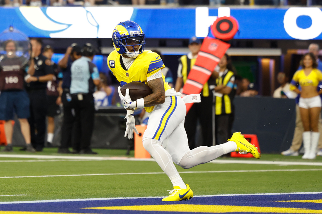 Los Angeles Rams cornerback Trent McDuffie (22) runs back after intercepting a pass during the first half of an NFL football game against the New York Giants in Inglewood, Calif., Monday, Sept. 21, 2026. (AP Photo/Caroline Brehman )