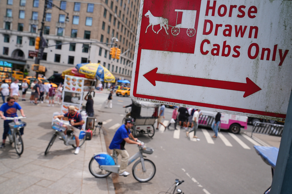 Cyclist and Pedicabs gather near Center Drive and Central Park South Thursday, June 18, 2026, in New York. (AP Photo/Frank Franklin II)